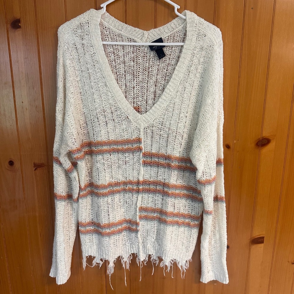 Daytrip Womens Cream Striped Distressed V-Neck Bohemian Open Knit Sweater Large